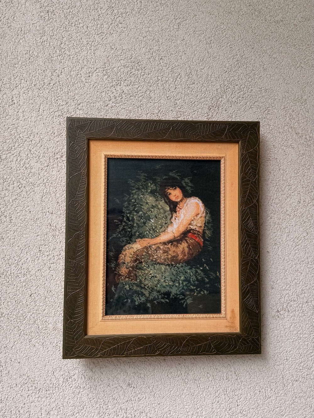 Hand Embroidered Framed Portrait – Vintage Needlepoint Wall Art, Ornate Wood Fra